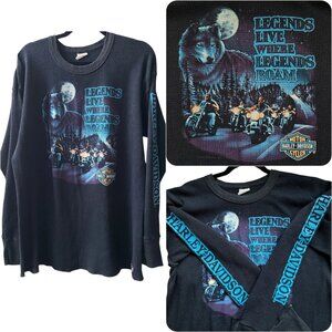 1991 Harley Davidson Wolf Legends Thermal Long Sleeve Shirt J&P Cycles Vtg 90s